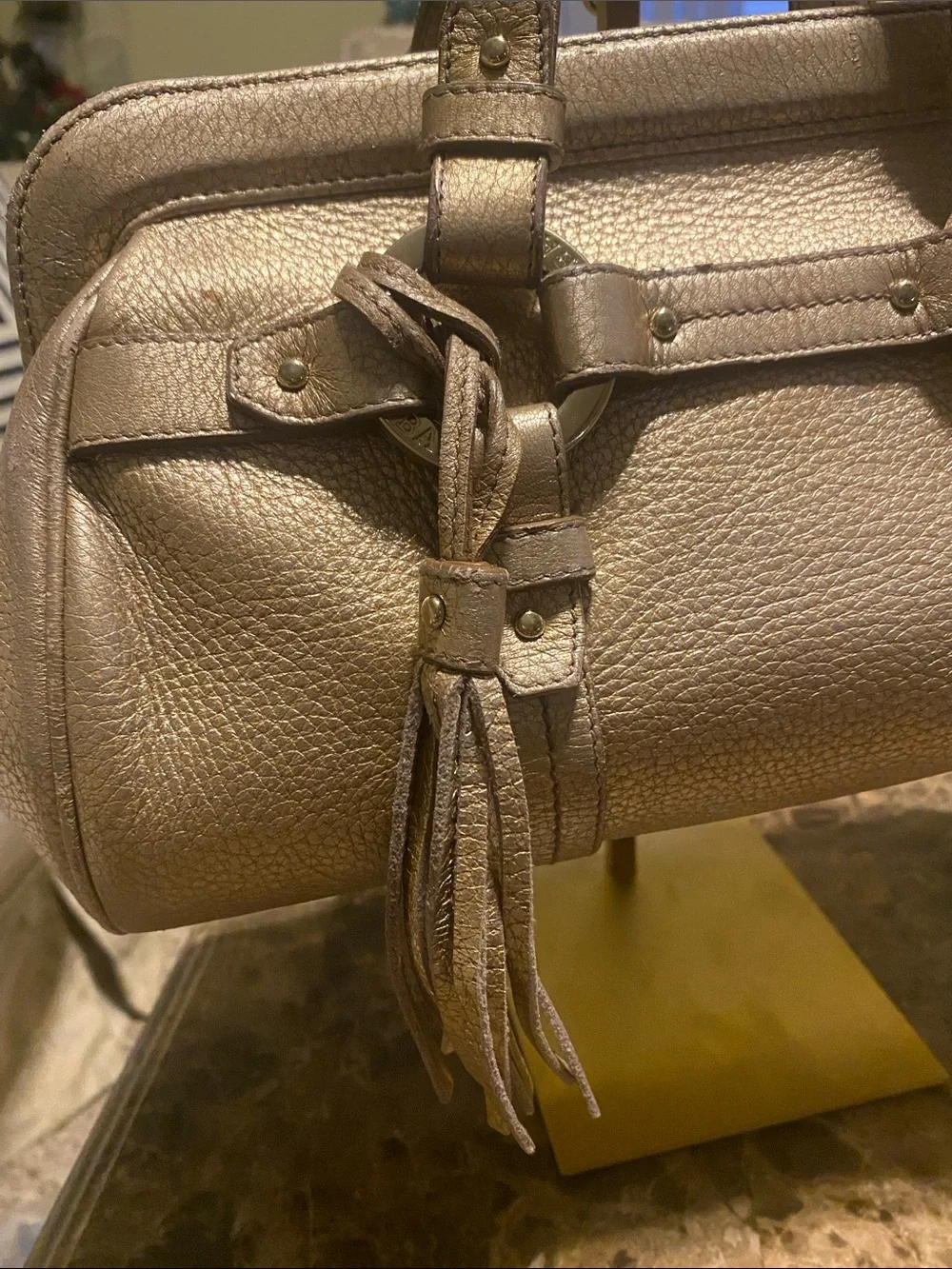 Bally Metallic Gold Leather Satchel with Tassel